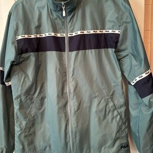 Fila Men's Sage Green Windbreaker with Navy Sleeve Stripes